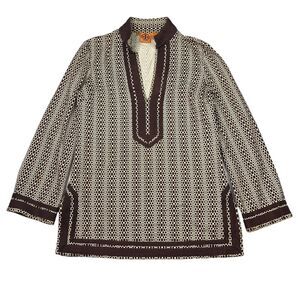 Tory Burch V-Neck Printed Tory Tunic Top Long Sleeve Brown Tan Womens 8